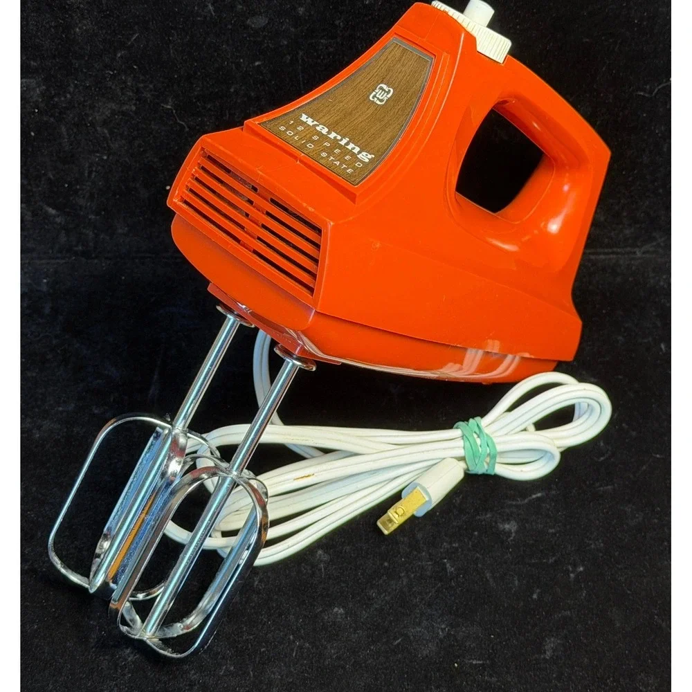 Vintage Waring 12 Speed Hand Mixer-Solid State, Orange, Woodgrain, WORKS